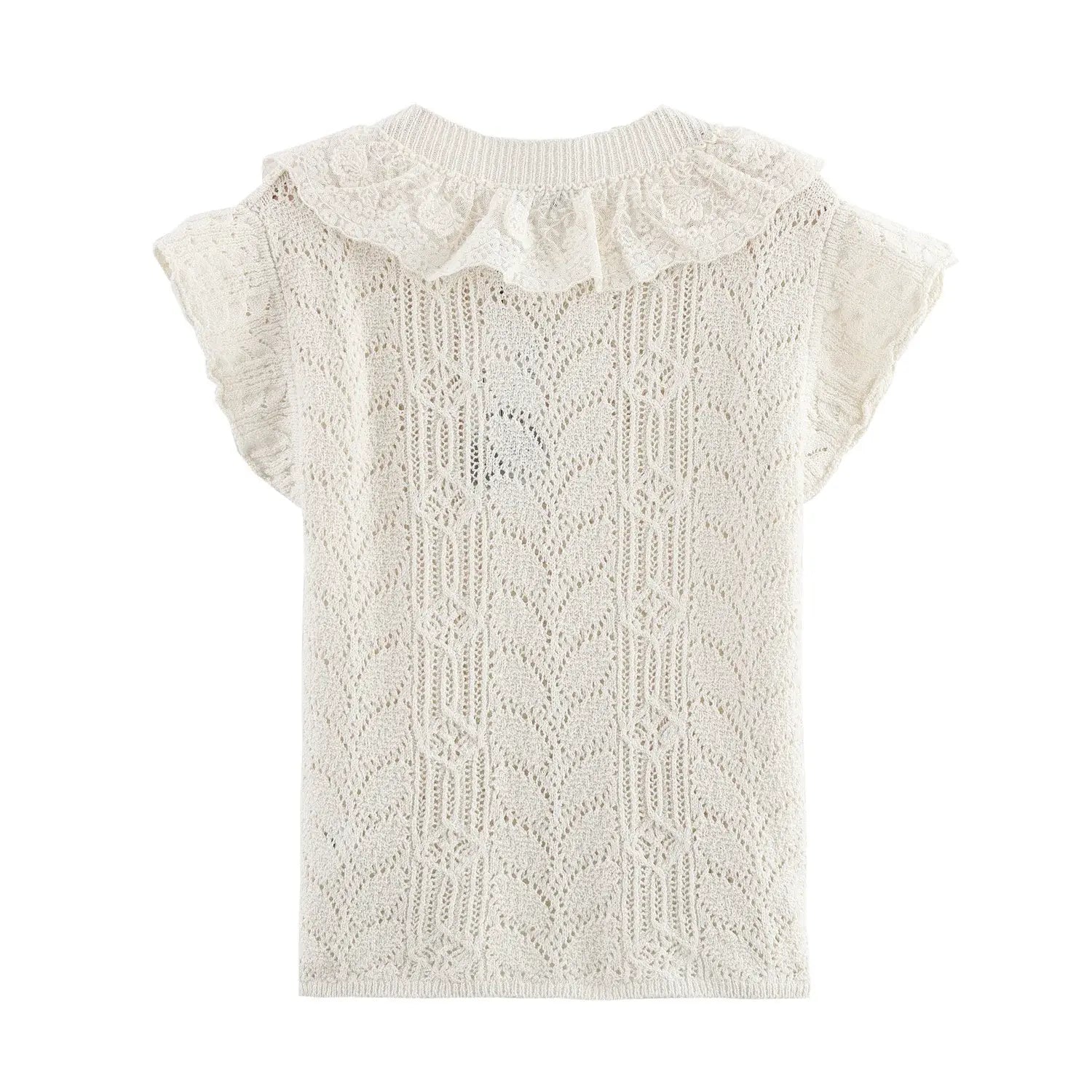Women’s Hollow Out Knit Blouse Ruffled Round Neck Short Sleeves