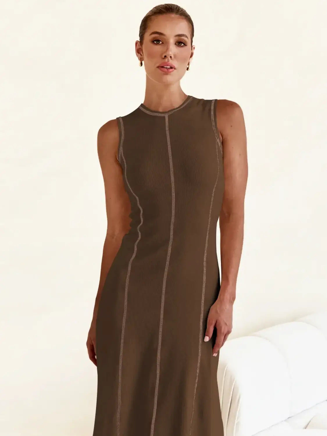 Women Clothing Knitted Long Skirt Simple Round Neck Sleeveless Female Vestidos