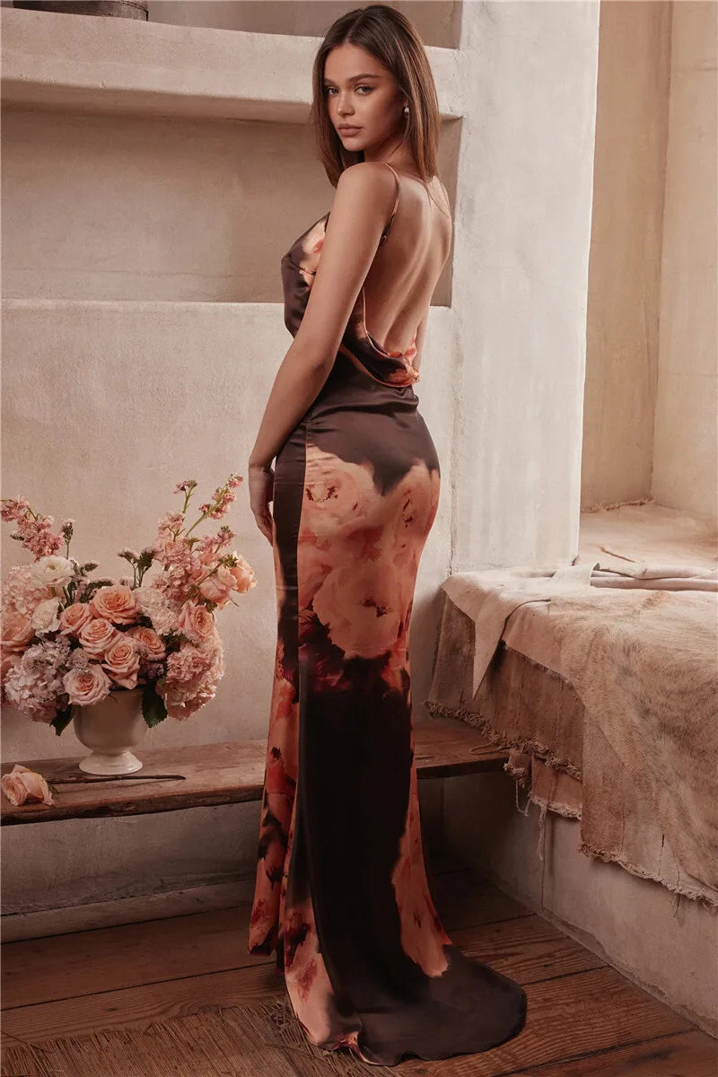 Satin Floral Print Maxi Dress Women