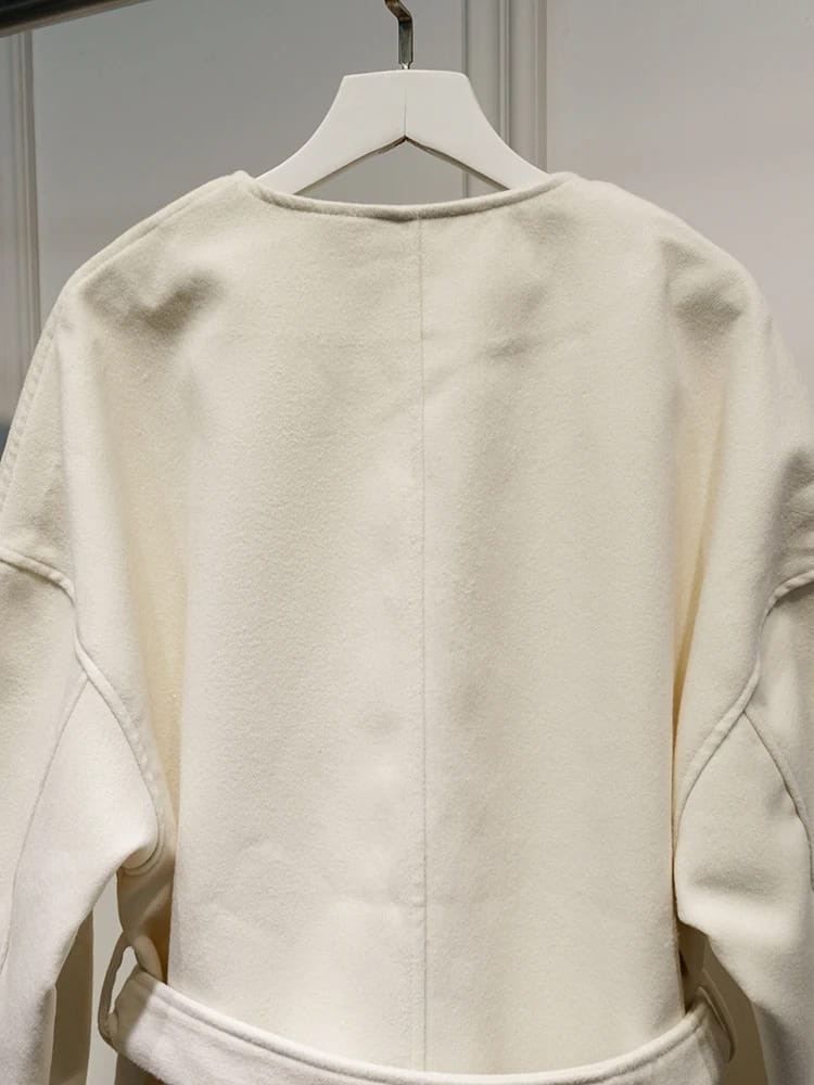 Elegant Belt Lace Up Woolen Jacket For Women