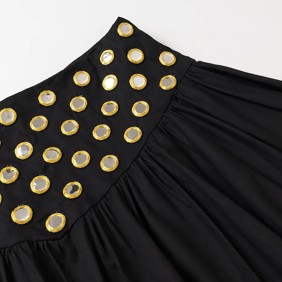 Women Metal Hollow Pleated Suspender Skirt Suit