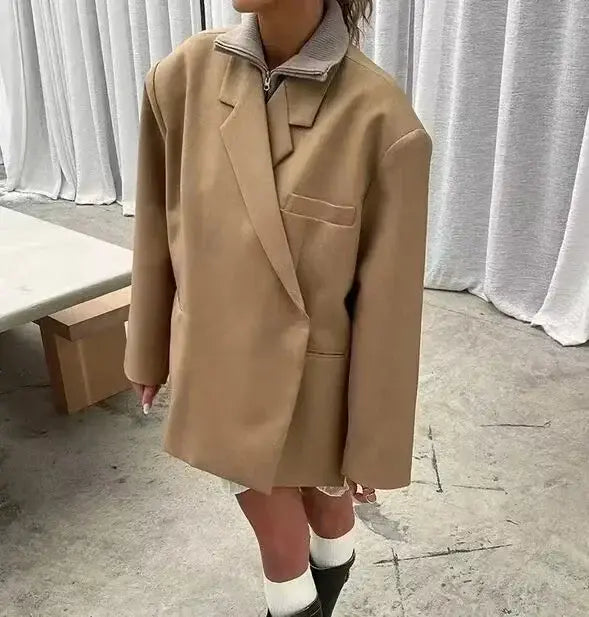 Fashion Solid Lapel Hidden Buckle Loose Blazer