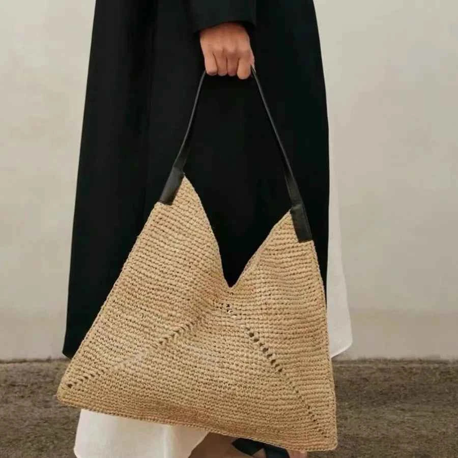 Women Casual Travel Handbag PU Leather Simple Straw Bag