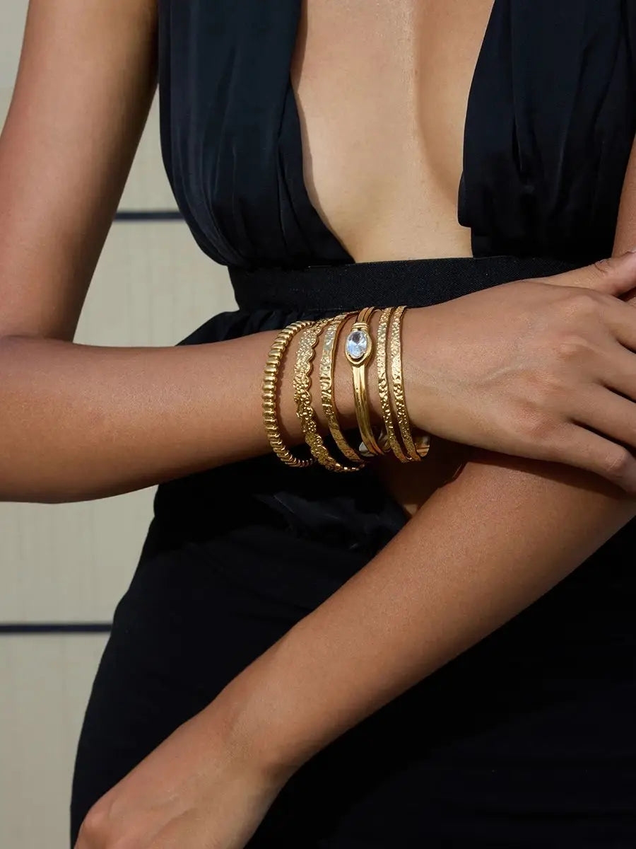 Gold Color Plated Stainless Steel Hammer Pattern Double Layer Bracelet