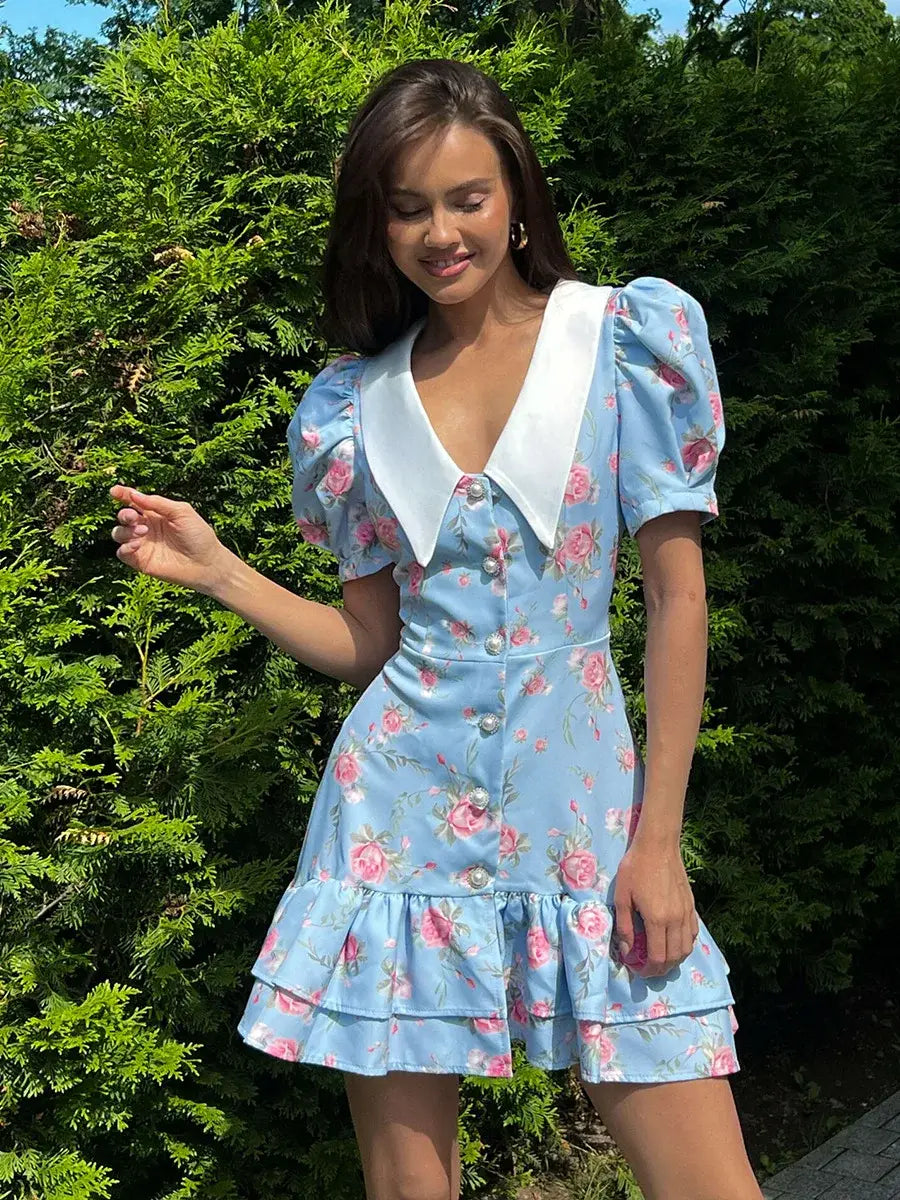 Print Puff Sleeves Ruffled Dress