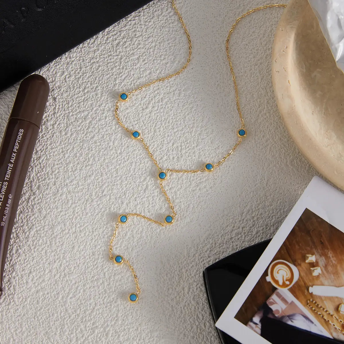 Blue turquoise Y-shaped Choker Necklace Waterproof Stainless Steel