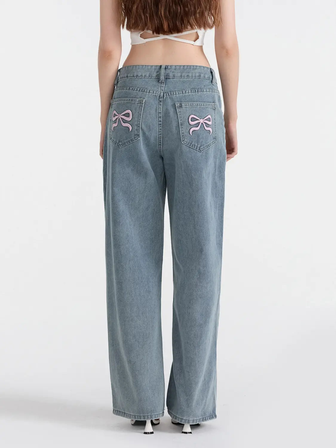 Low Waist Zipper Button Closure Bow Loose Trousers Women