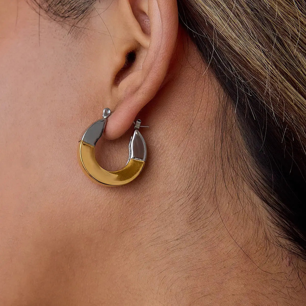 Gold Color Plated Stainless Steel Two tone Geometric Smooth Earrings