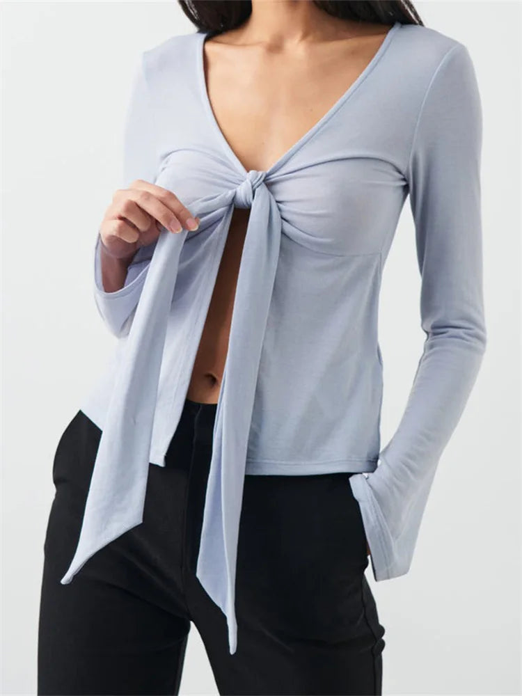 Women Slim Fit T-shirts Tops Long Sleeve V Neck