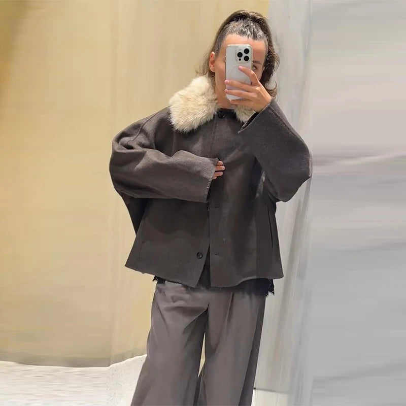 Women’s Overcoat Faux Fur Collar Full Sleeve Single Breasted