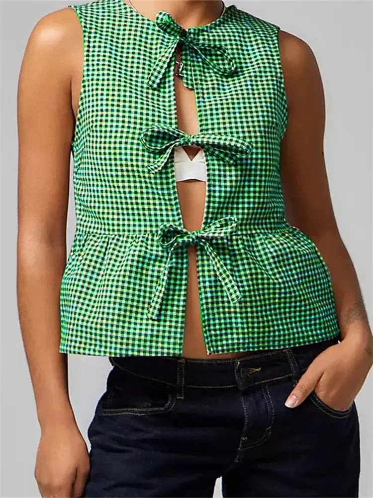 Women Tank Tops Sleeveless Round Neck Front Split Tie-up