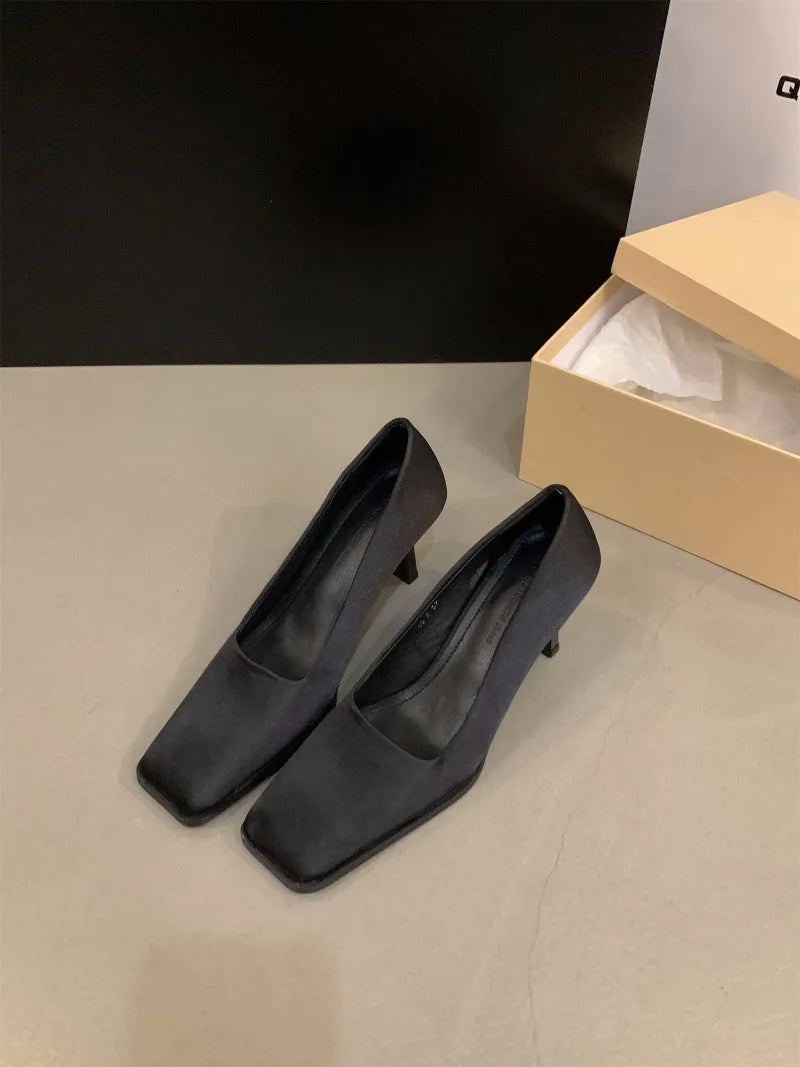 Square Toe Satin Pumps Women