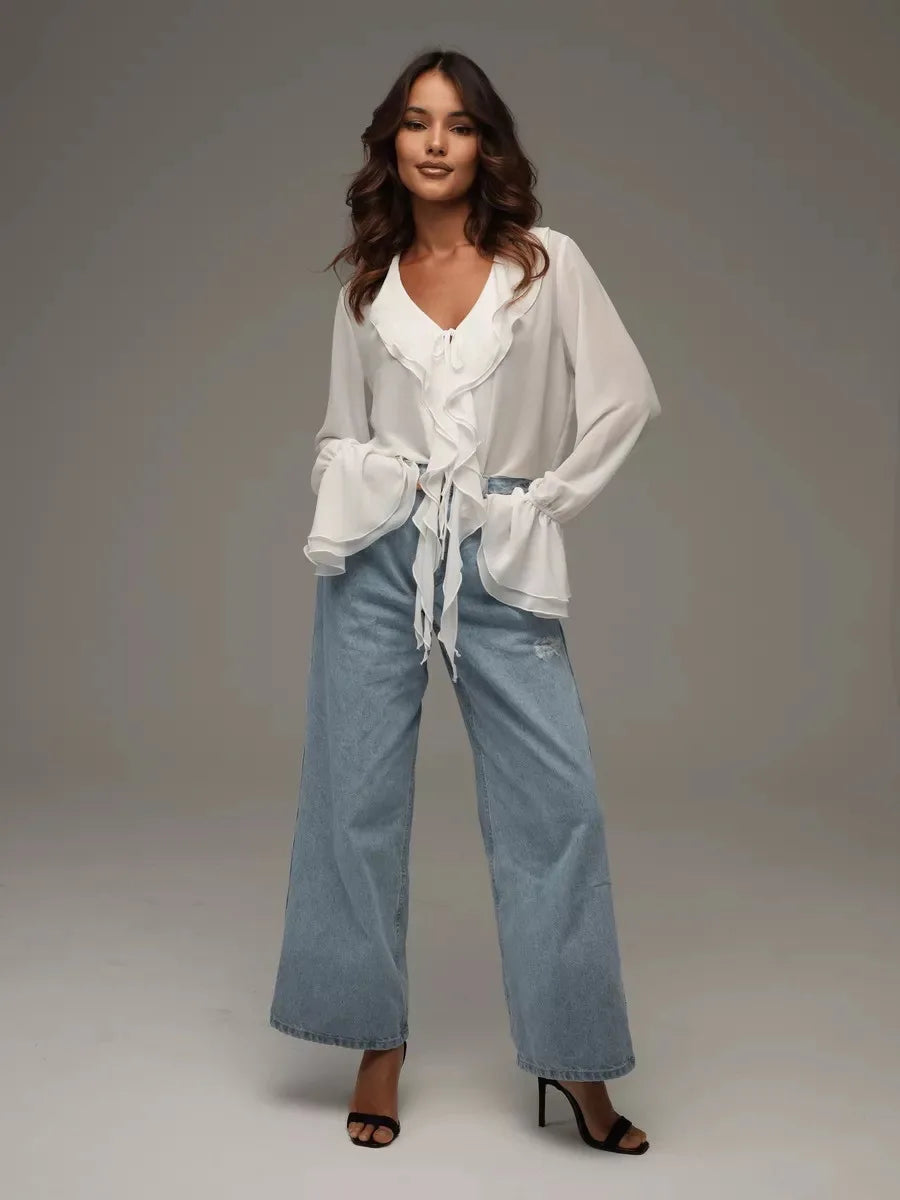 Elegant White Chiffon Ruffle Shirt Women