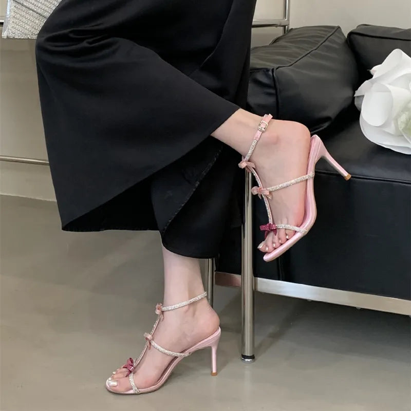 Sweet Pink Bowknot Rhinestones T-Strap Women Gladiator Sandals