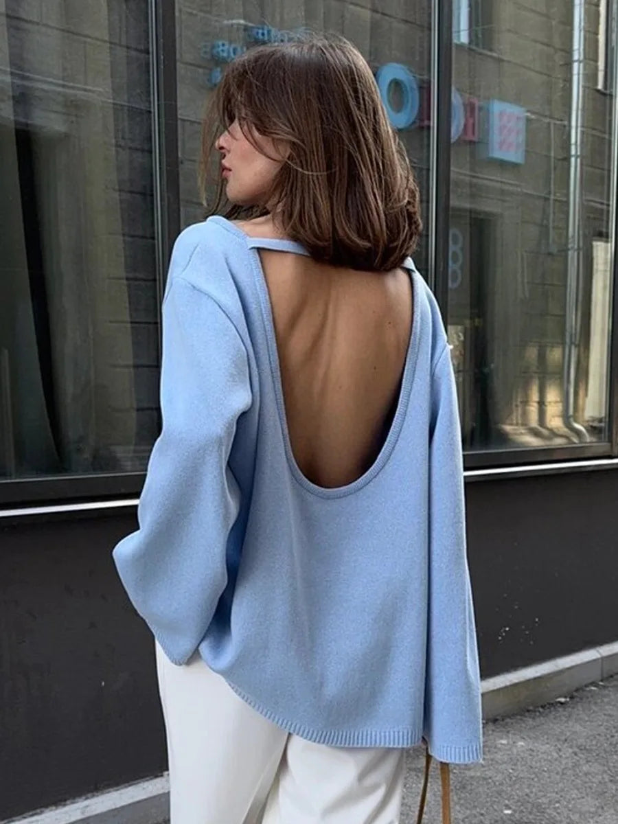 Backless O-neck Cotton Knit Sweater
