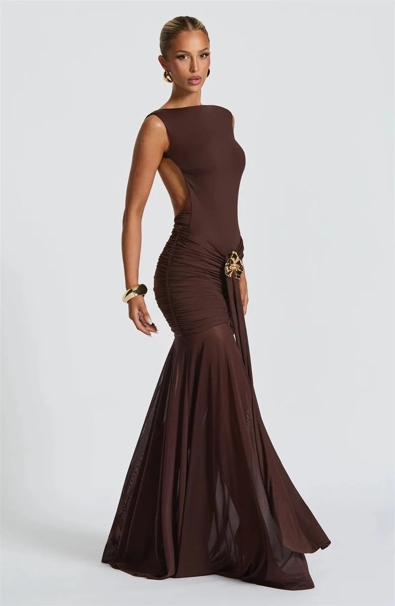 Metal Flower Backless Ruched Maxi Dress Women