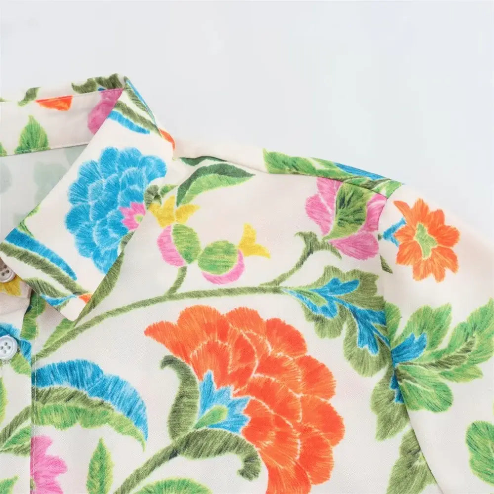 Women’s Simple and Elegant Flip Collar Printed Shirt Mid Waist Straight Leg Pants Casual Set