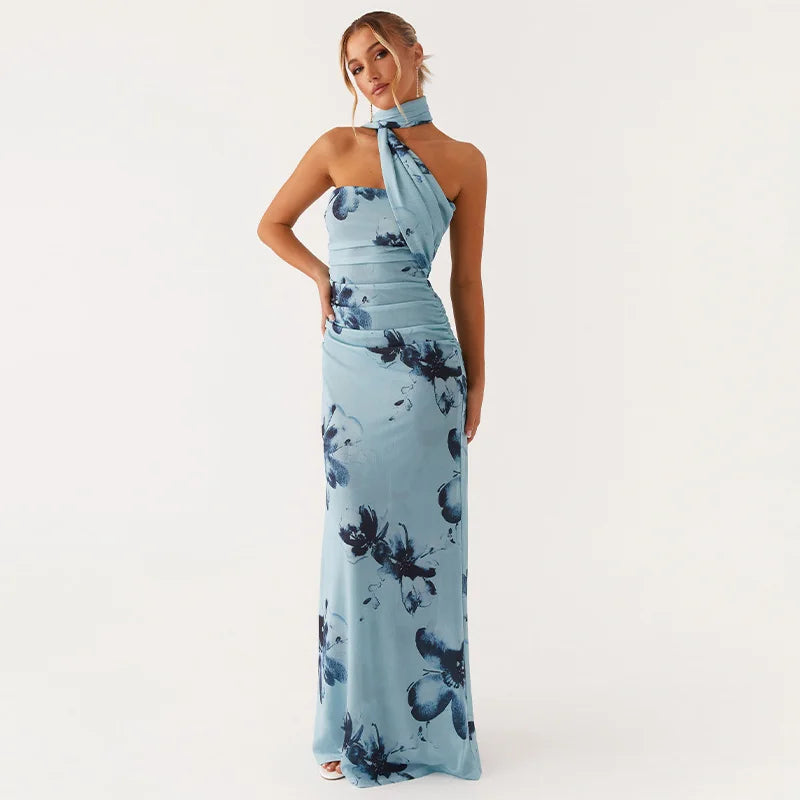Elegant Floral Print Maxi Dress Backless