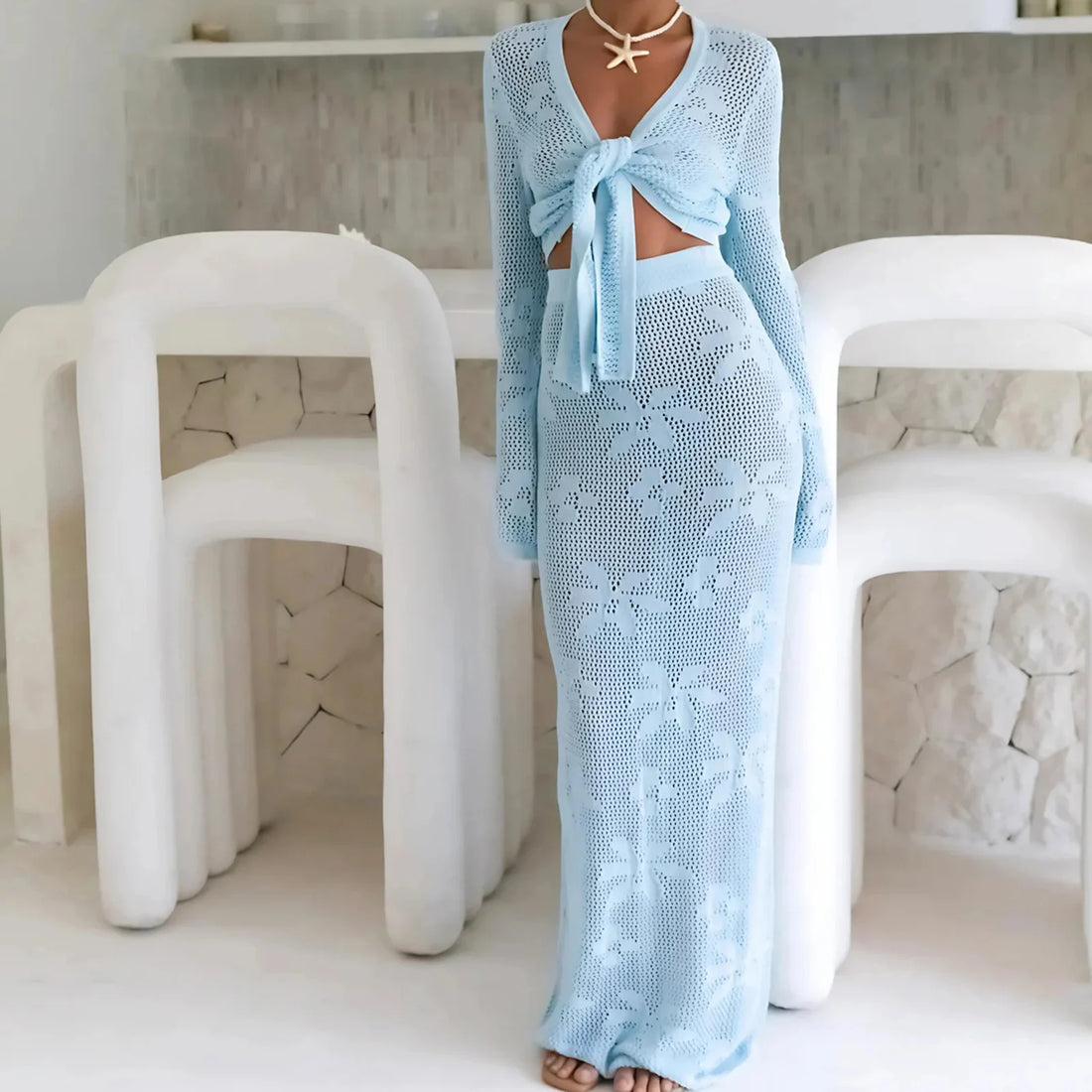 Women's Holiday Beach Knit Floral Skirt Set