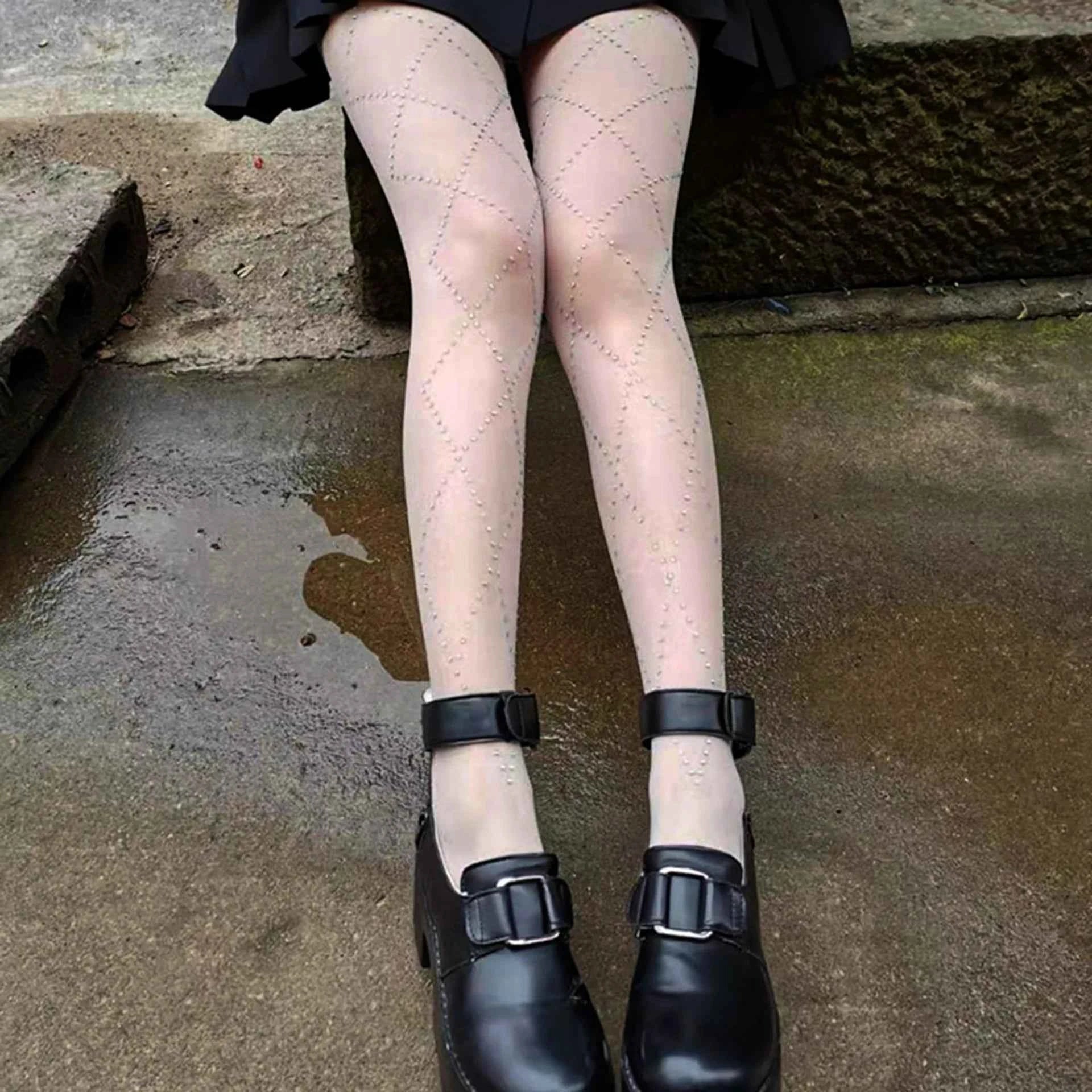 Pantyhose Women Rhinestone Plaid Slim Stockings