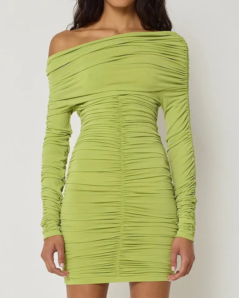 Inclined Shoulder Long Sleeve Mini Dress For Women