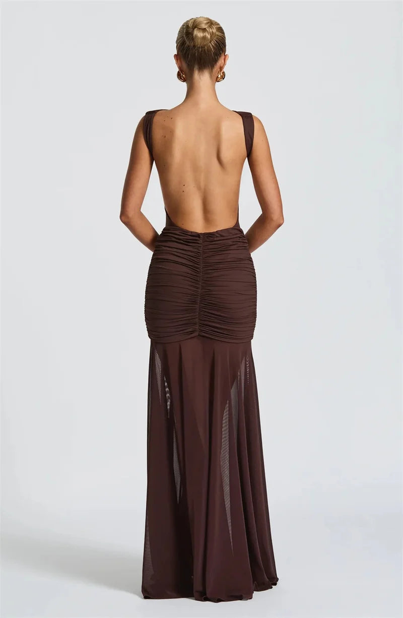 Metal Flower Backless Ruched Maxi Dress Women