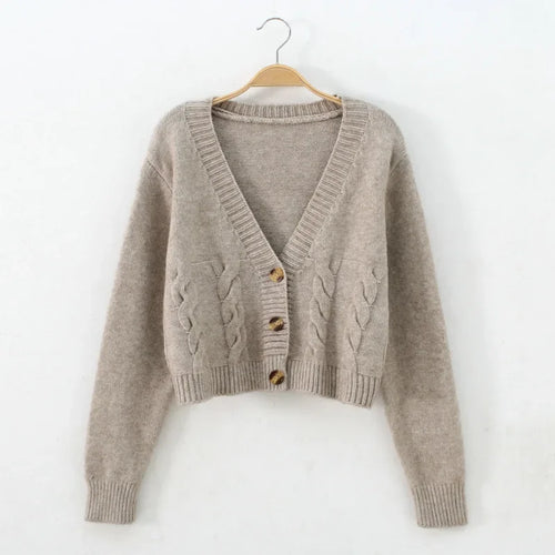 V Neck Cropped Cardigan Women Long Sleeve Twist Knitted Sweater Coats - Norellé