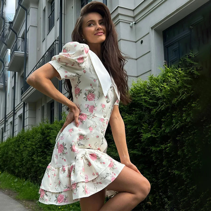 Print Puff Sleeves Ruffled Dress - Norellé