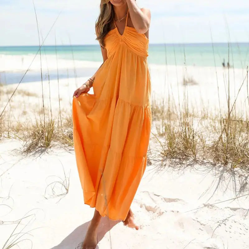 Women Summer Lace-up Halter Neck Casual Ruffle A-line Long Dress - Norellé