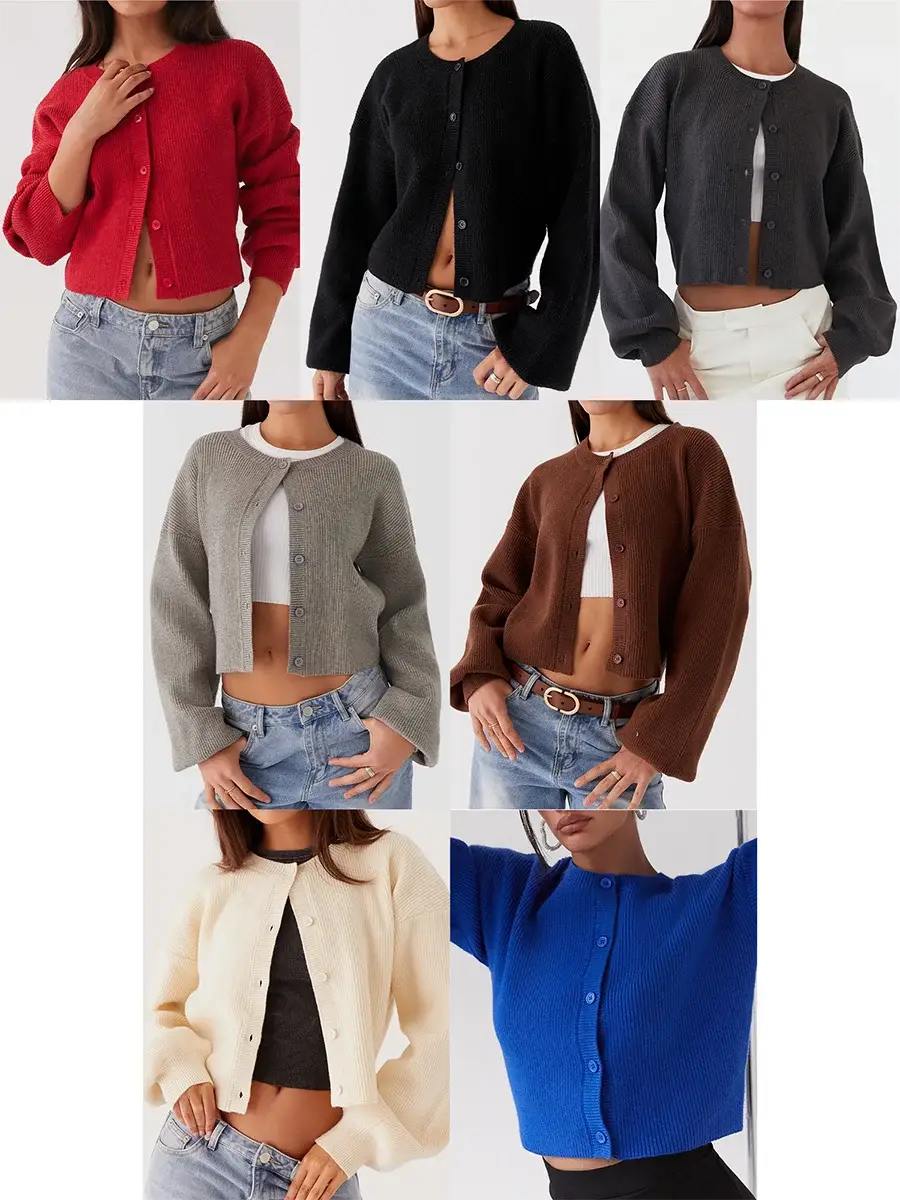 Women Casual Loose O-neck Single Breasted Long Sleeve Sweaters