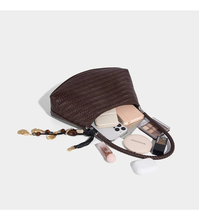 Handmade Weave PU Drawstring Tote Bags For Women