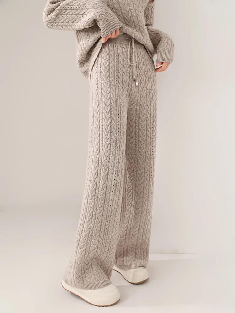100% Wool Suit Women’s Pullover Sweater Knitting O-neck Wide Leg Pant