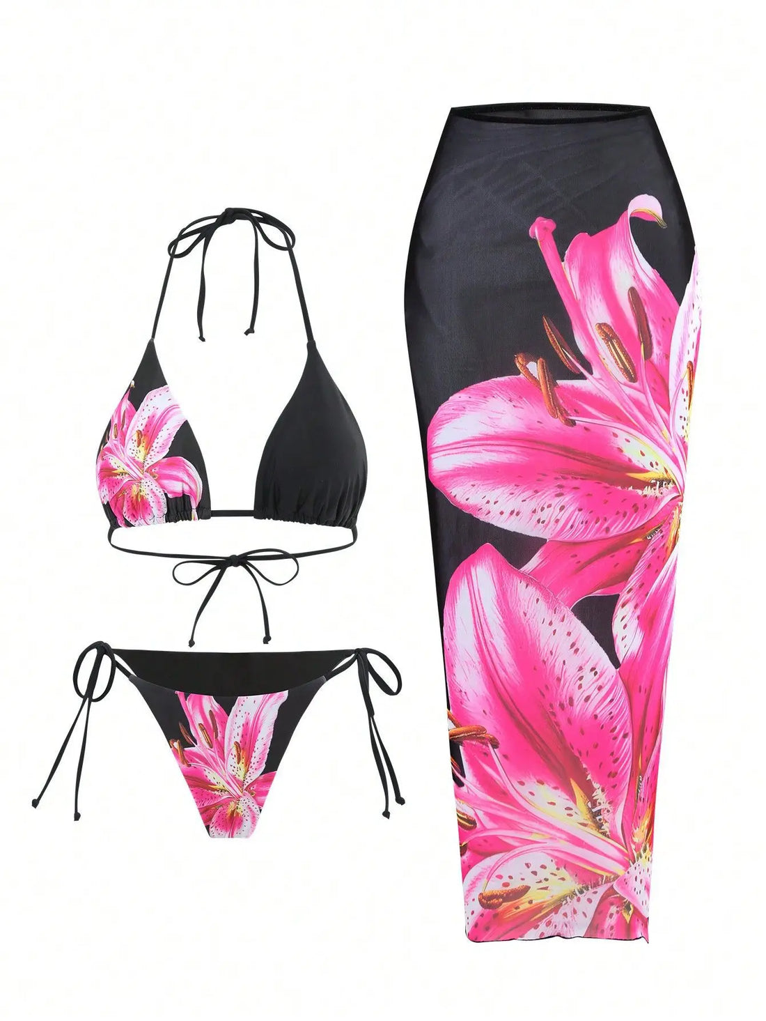 Flower Print Bikini Set Women's High Waist Long Skirt 3 Piece Swimsuit - Norellé