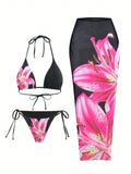 Flower Print Bikini Set Women's High Waist Long Skirt 3 Piece Swimsuit - Norellé