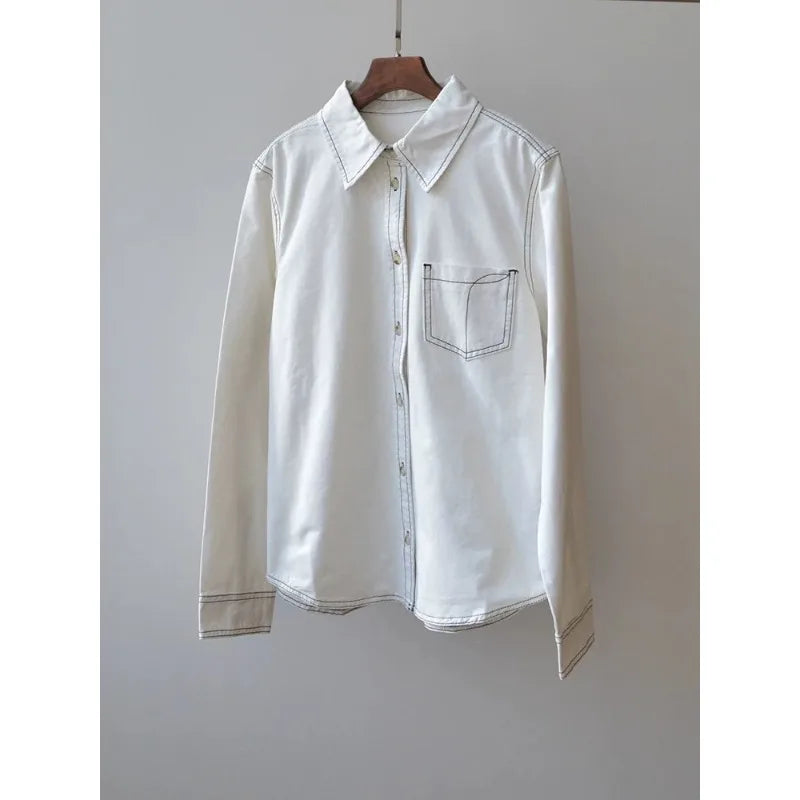 Cotton Jeans Set for Women Casual Versatile Long Sleeve Shirt High Waist Straight Leg Pants