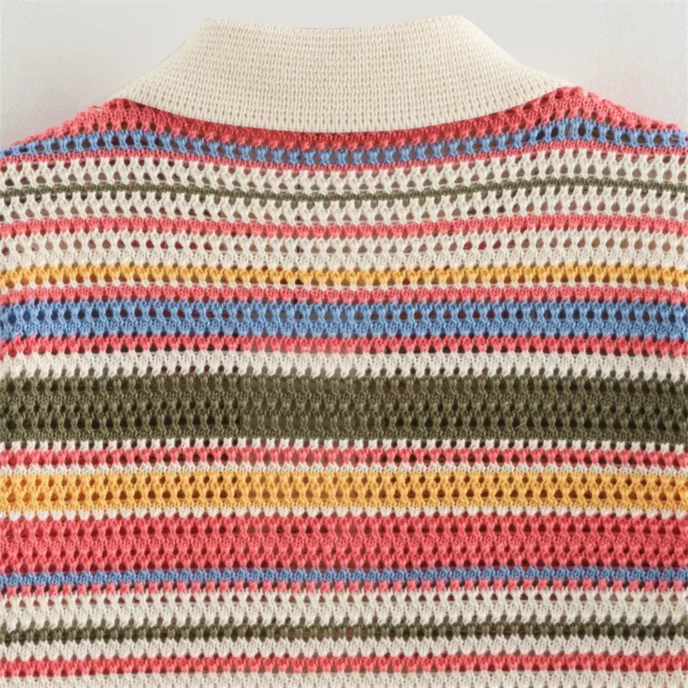 Women’s Casual Stripe Printed Short Sleeve Flip Collar Cardigan Shorts Set