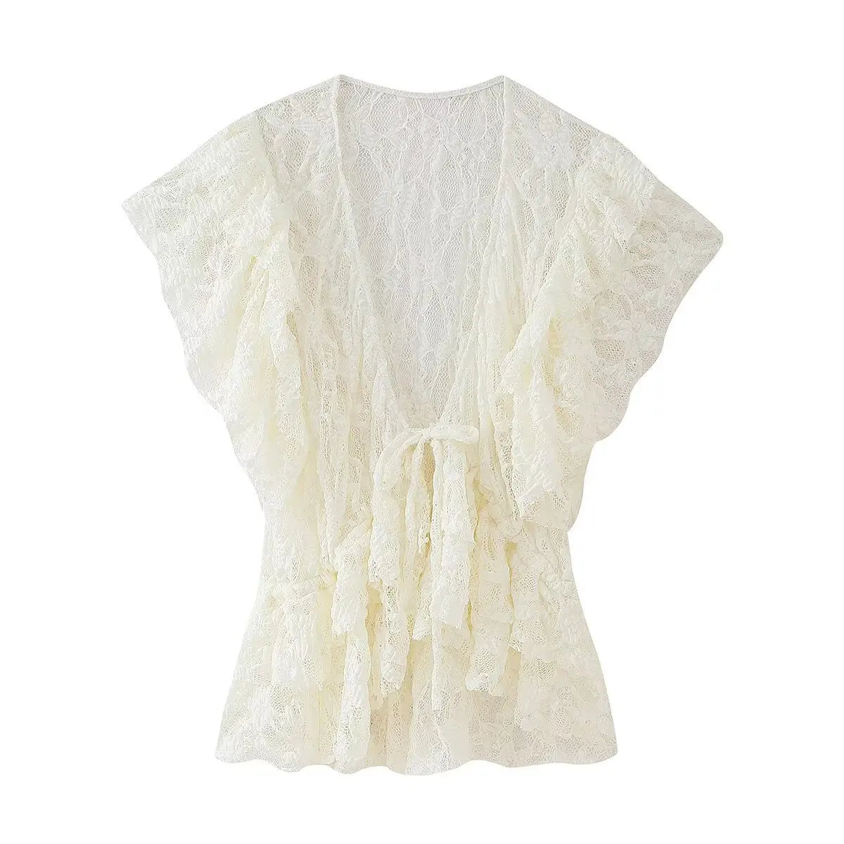 Women Bow Layered Lace Shirt Hollow V-neck
