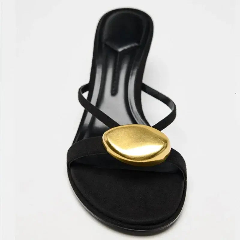 Metal Decorative Black High-heeled Sandals Women