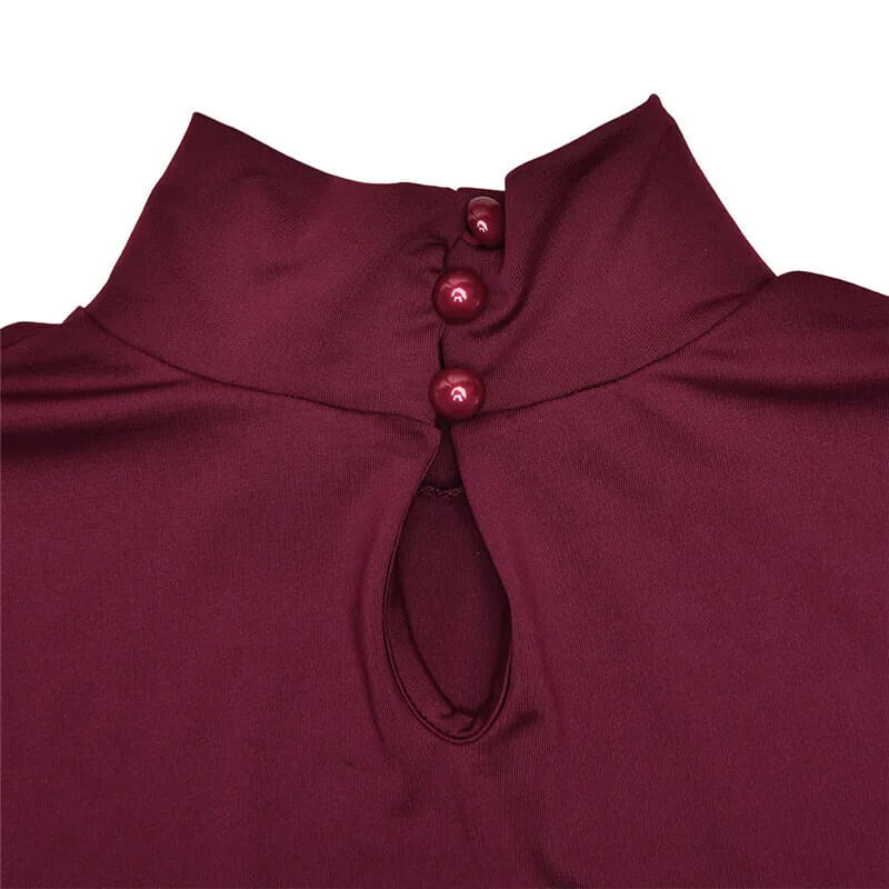 Turtleneck Long Sleeve Women Mini Dress Burgundy High Waist A-line