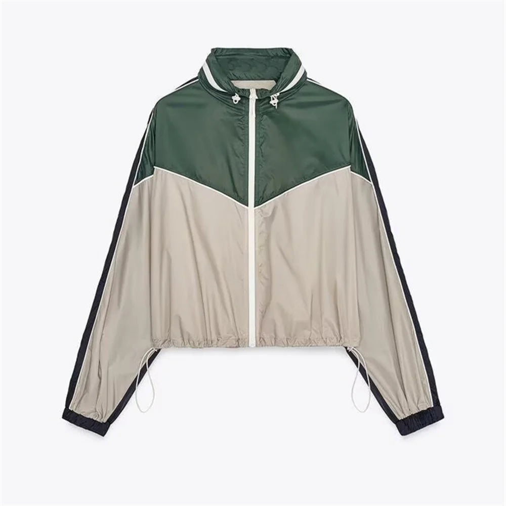 Women’s Color Blocked Short Style Stand up Collar Long Sleeve Pants Set