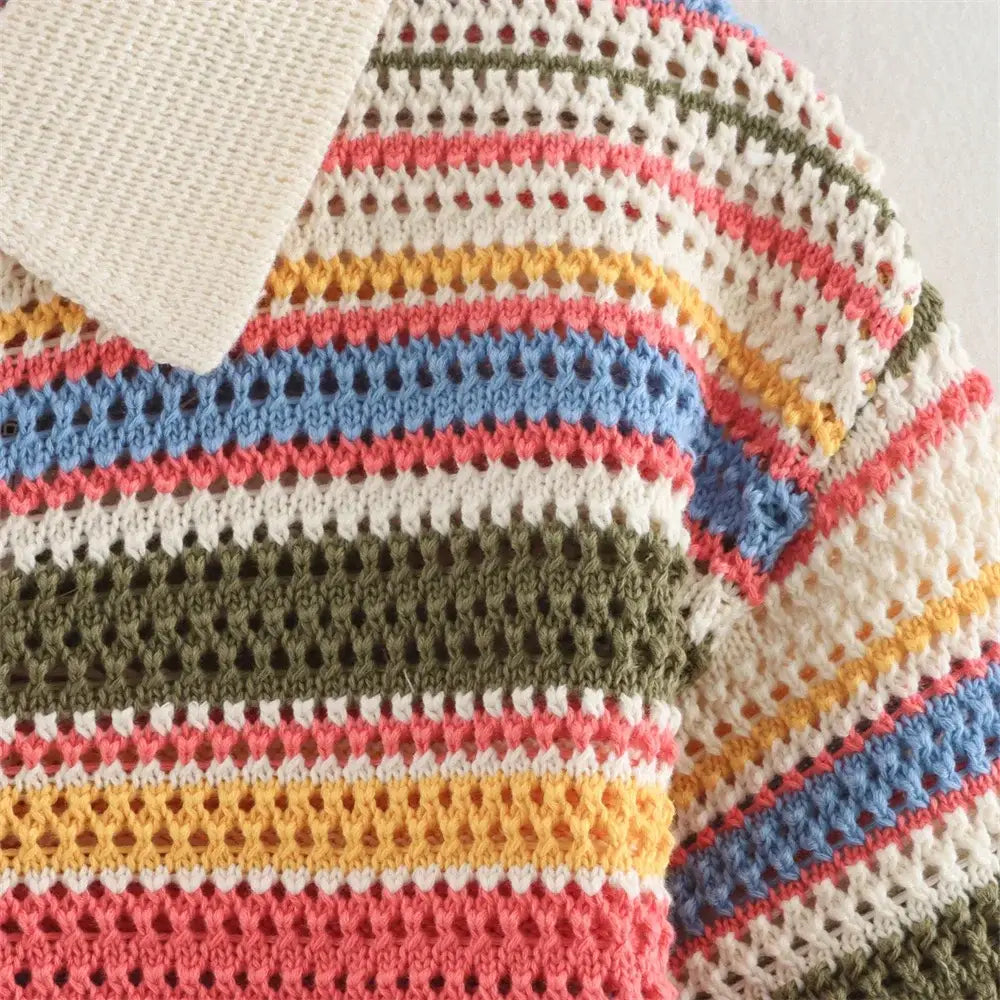 Women’s Casual Stripe Printed Short Sleeve Flip Collar Cardigan Shorts Set