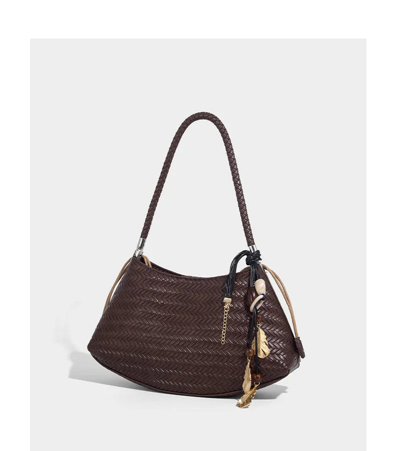 Handmade Weave PU Drawstring Tote Bags For Women