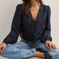 Women Tie Front Blouse Top Long Sleeve