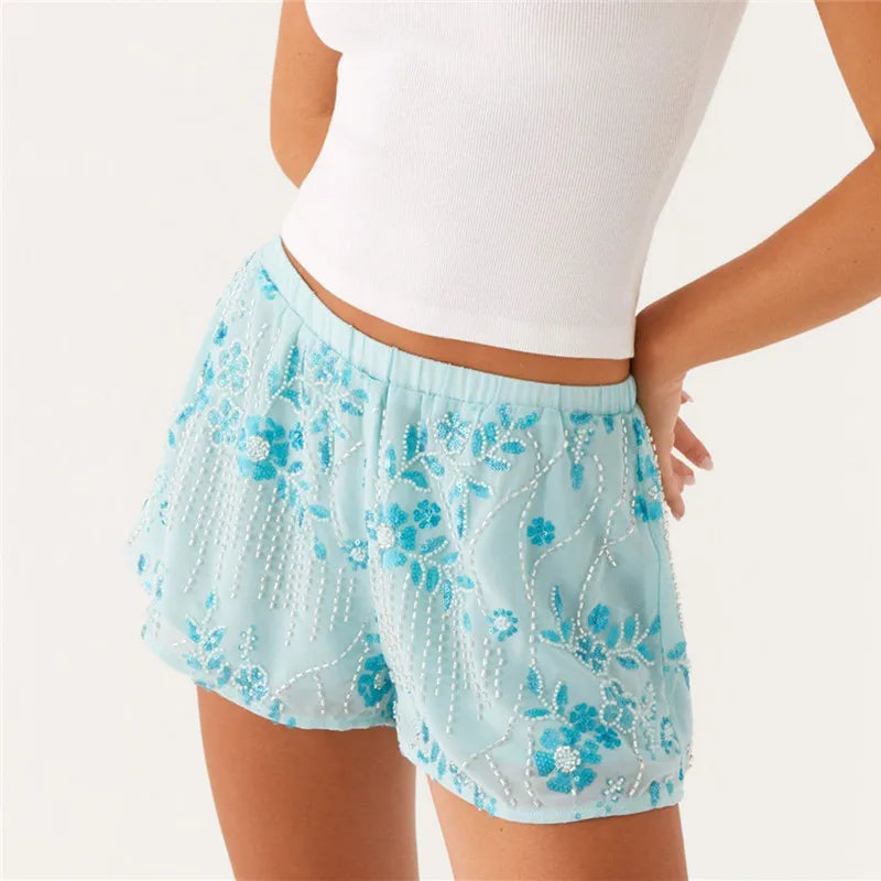 Womens Sequin Sparkle Beaded Mini Shorts