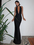 Halter Deep V Neck Backless Maxi Dress For Women - Norellé