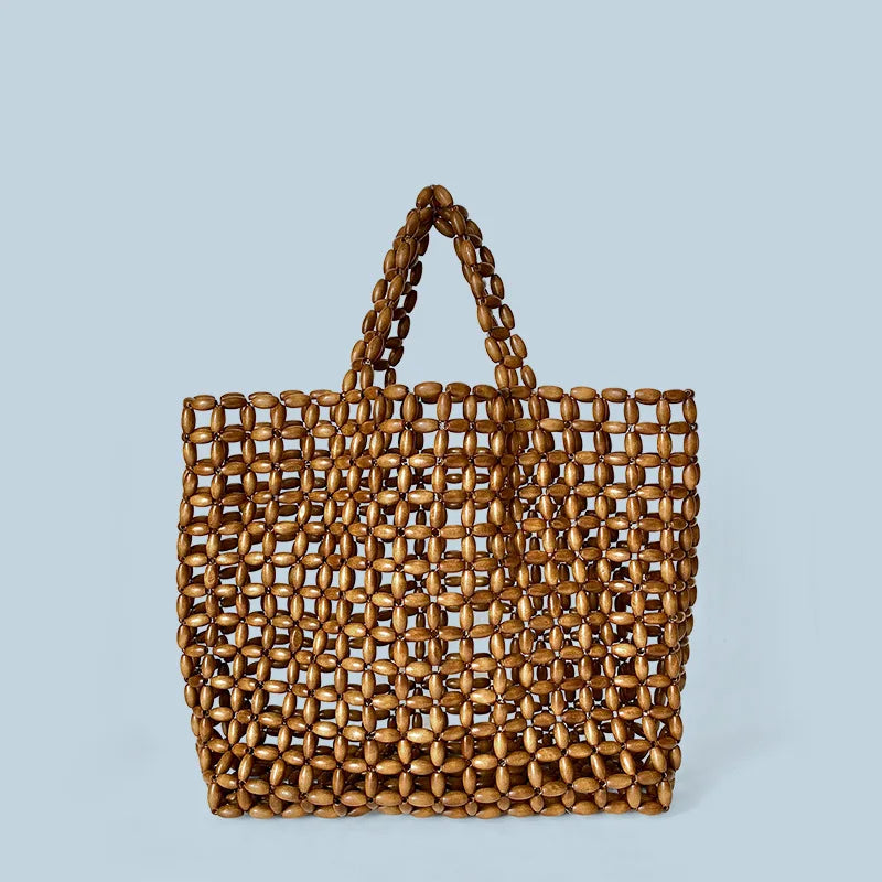 Summer Women’s Handwoven Totes Beach Holiday Hollowed-Out Wooden Beaded Bag