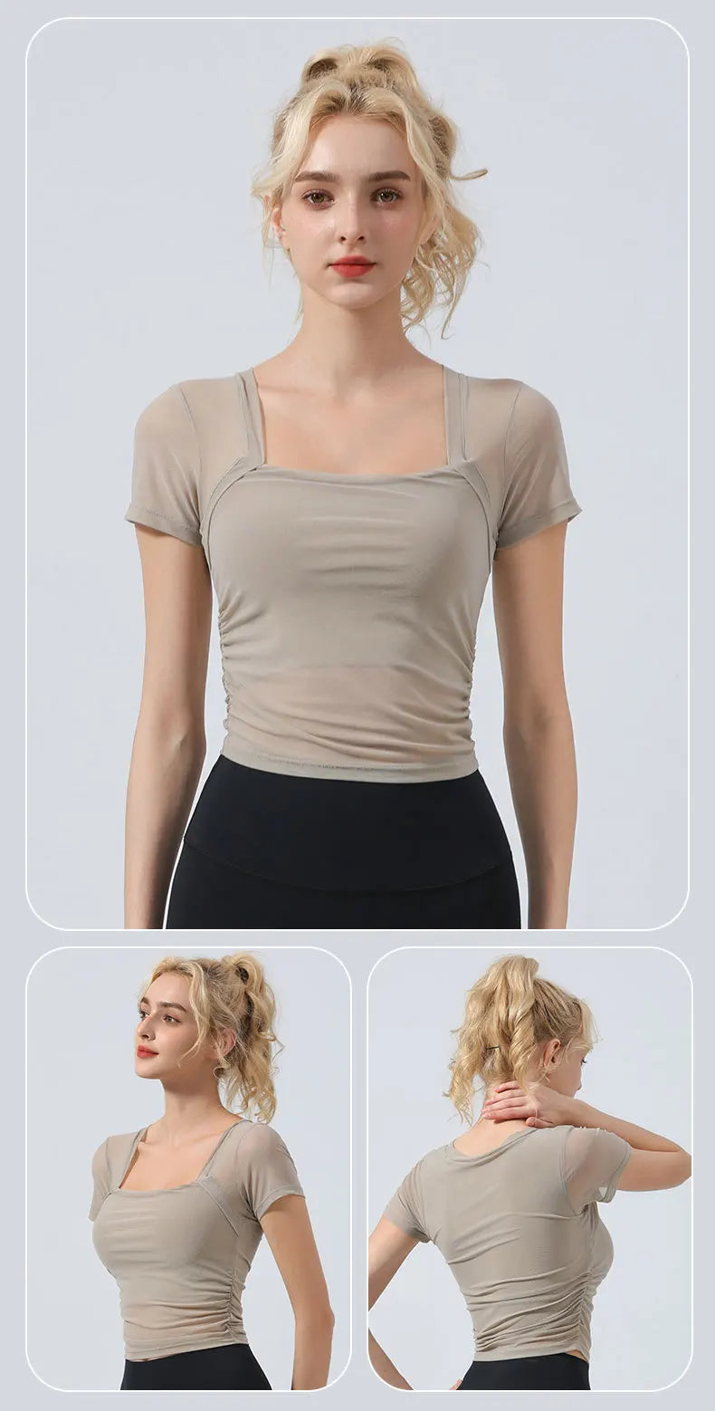 Mesh Patchwork Women Yoga Short Sleeve Fixed Cup T-shirt