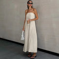 French Khaki Cotton Linen Strapless  High Waisted Dress - Norellé