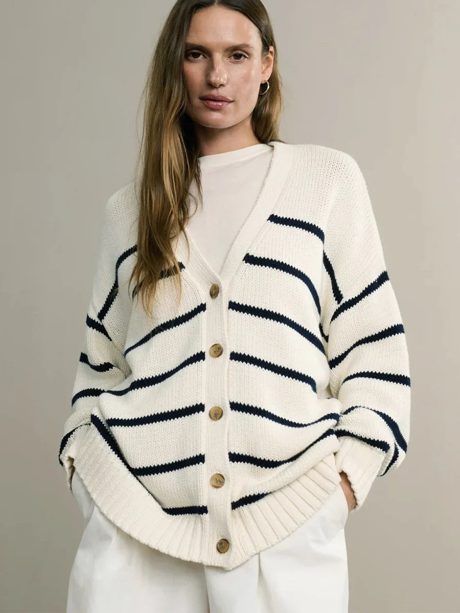 Women’s Striped Knit Cardigan V Neck Cotton Loose Fit