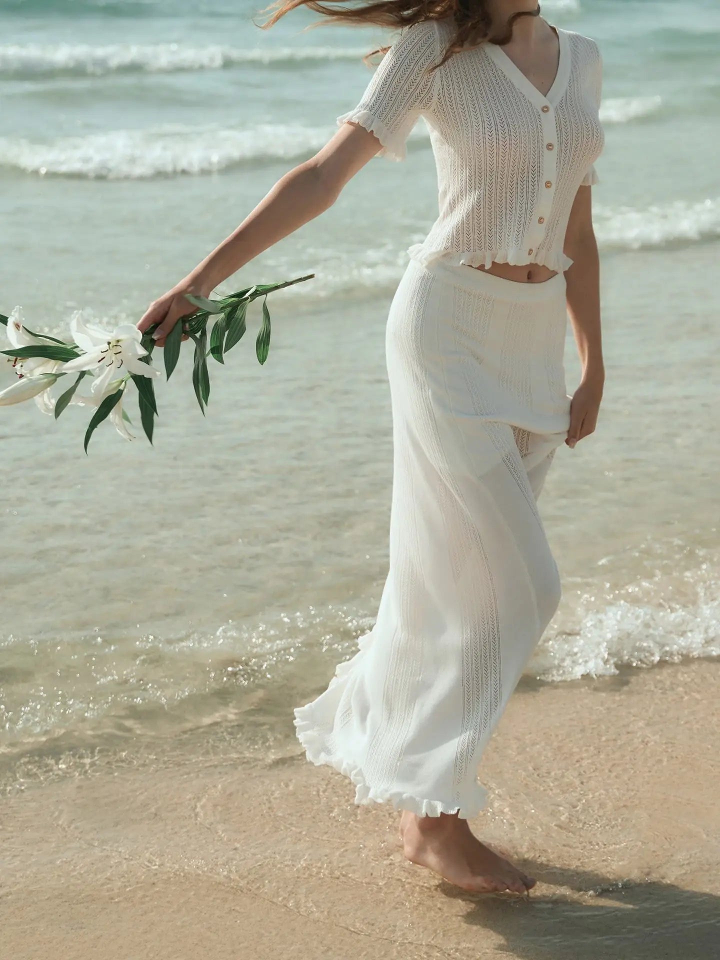 Knitting Hollow Top Long Skirt Suit